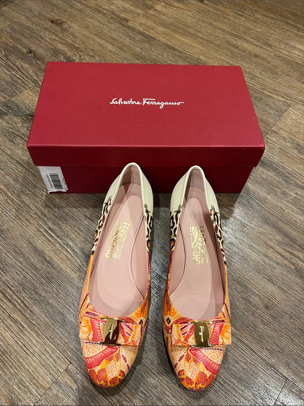 Salvatore Ferragamo Orange Pink Floral & Leopard Print Ballet Flats